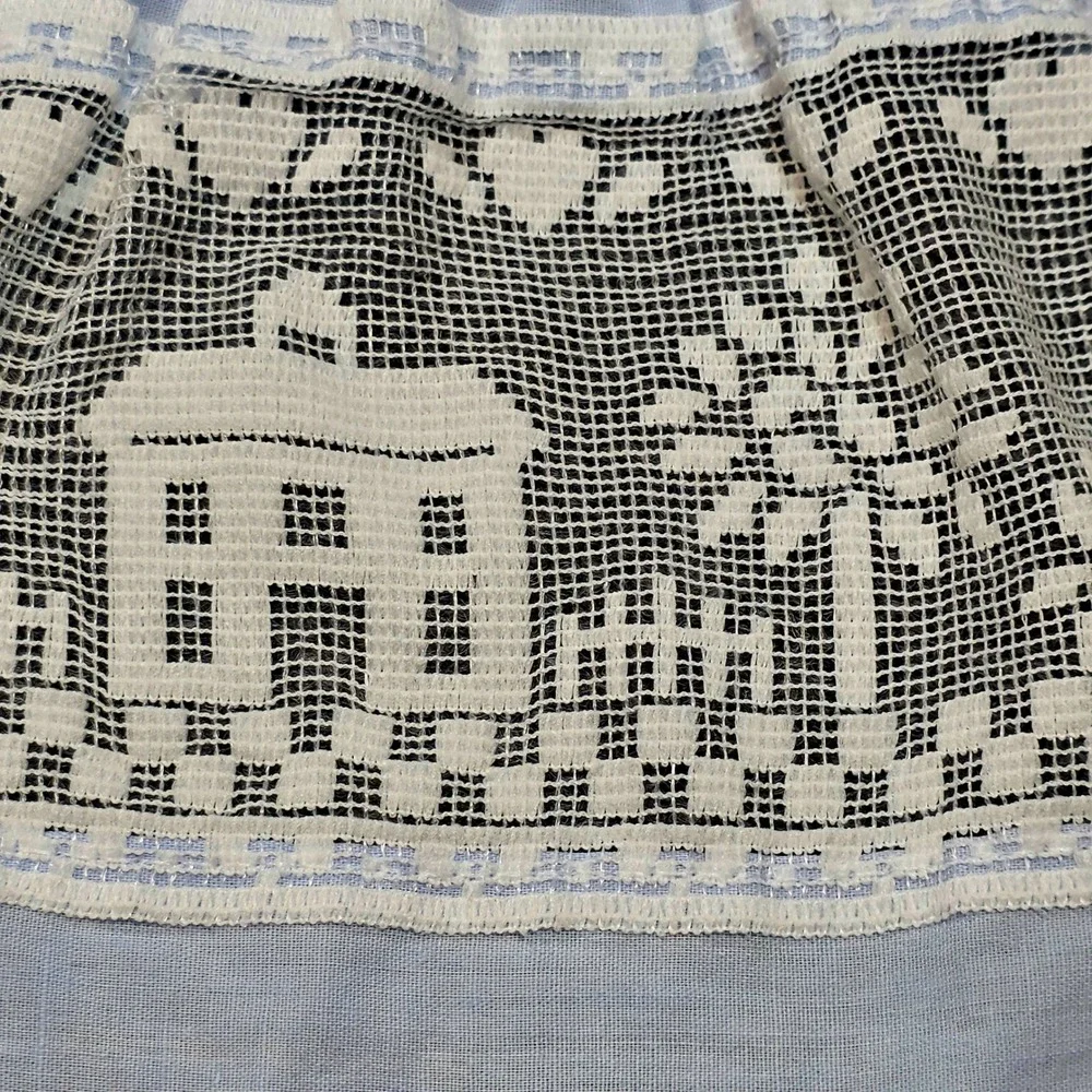 Vintage Blue White Village Scene Lace Ruffle Tier Curtains Set of 2 Valance USA